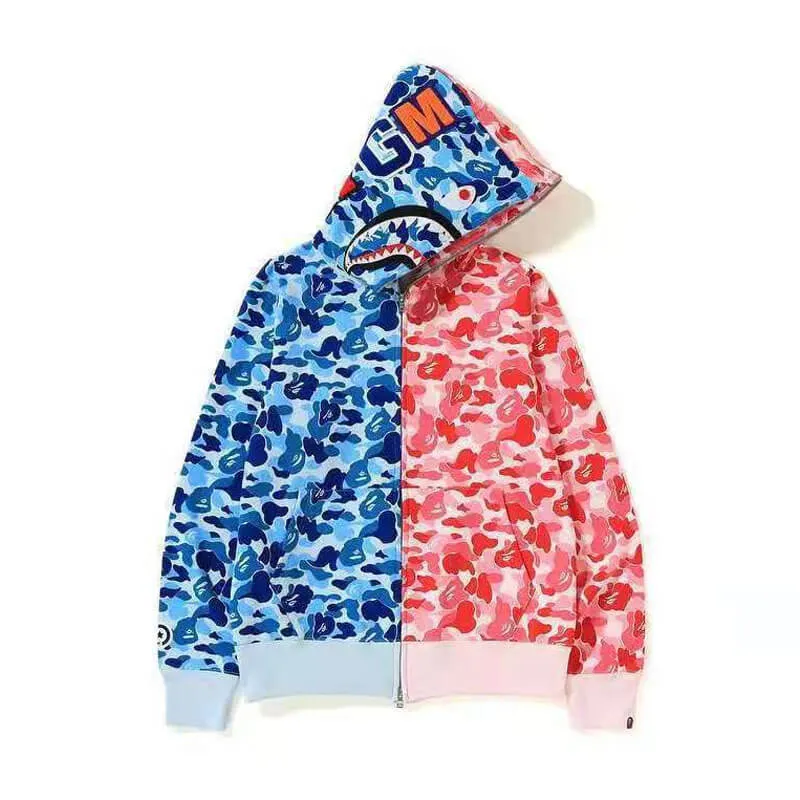 Letter Printed Full Zip Bape Pink Shark Hoodie Letter Printed Full Zip Bape Pink Shark Hoodie